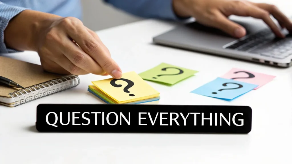 Hand placing a question mark sticky note on a desk with other notes and laptop, illustrating critical thinking and questioning assumptions.