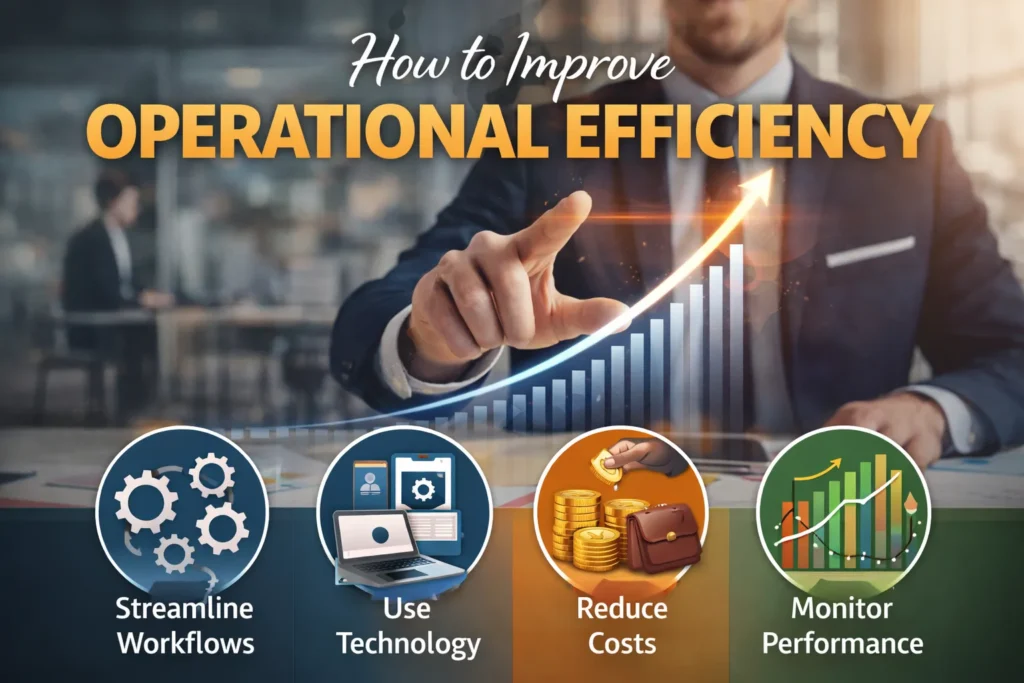 Businessman pointing at rising graph with icons for workflows, technology, cost reduction, and performance monitoring