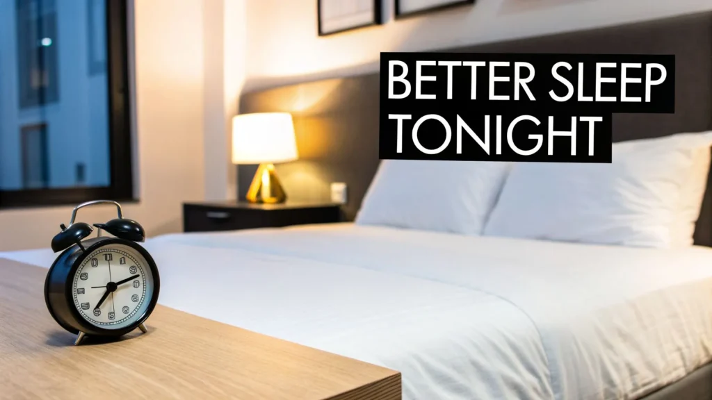 How to Improve Sleep Quality for Deeper, More Restful Nights Cozy bedroom with bed, bedside lamp and alarm clock, text “Better Sleep Tonight” promoting improved sleep quality.