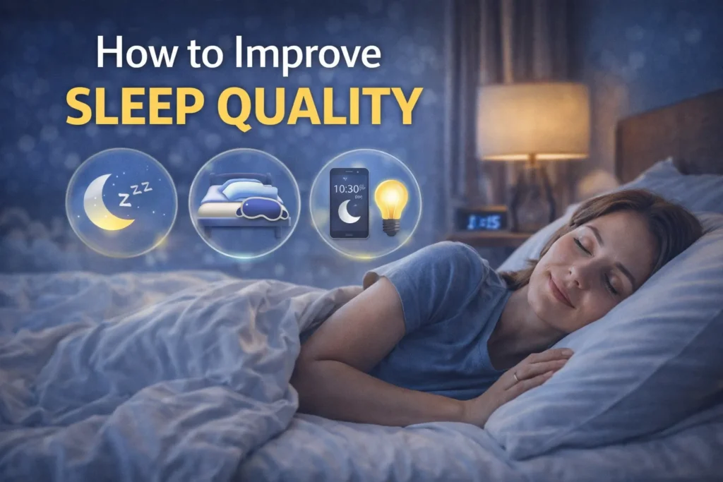 Woman sleeping peacefully in bed with soft lighting and icons for bedtime routine, clock, and relaxation tips.