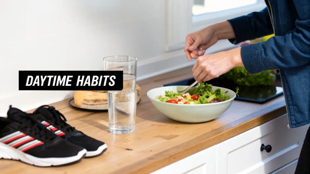 How to Improve Sleep Quality for Deeper, More Restful Nights Person preparing healthy salad with water and sneakers nearby, labeled “Daytime Habits” for wellness routine.