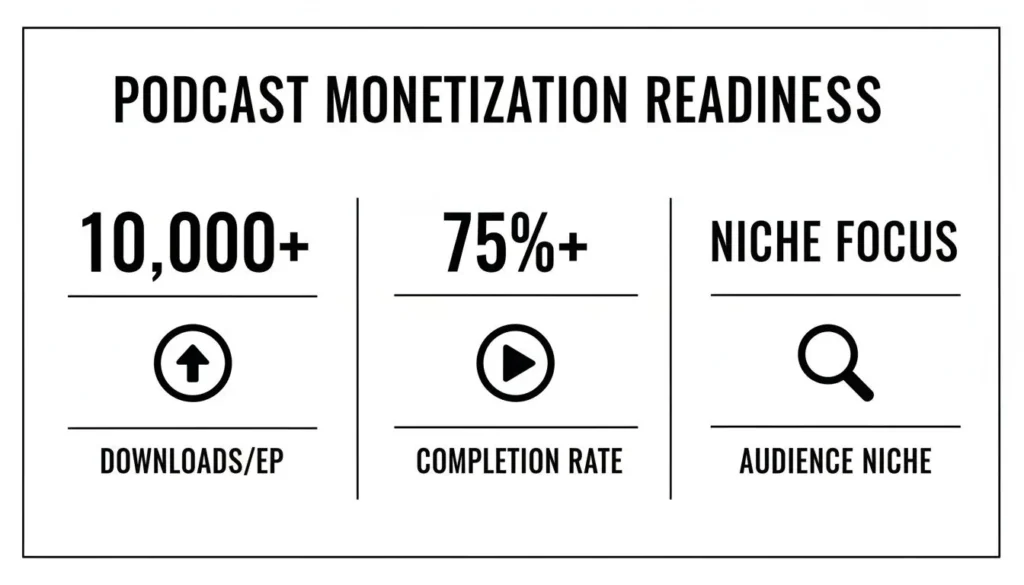 Infographic on podcast monetization readiness: 10,000+ downloads per episode, 75%+ completion rate, and niche audience focus.