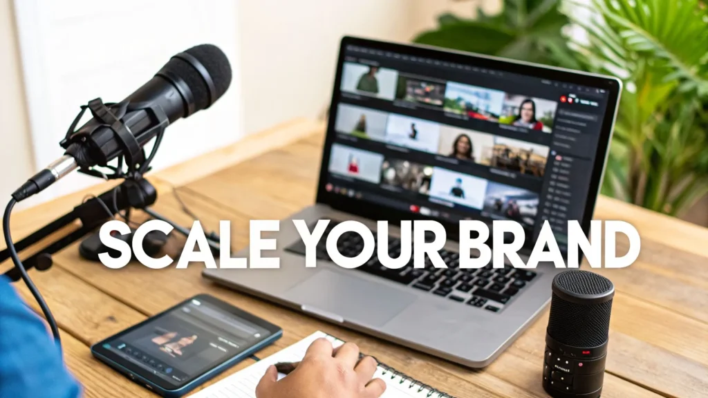 Podcast setup with microphones, laptop, and tablet labeled “Scale Your Brand,” illustrating content creation and audience growth.
