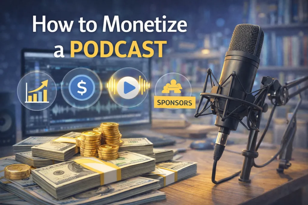 Podcast microphone with money stacks and icons for growth, revenue, and sponsors under title “How to Monetize a Podcast.”