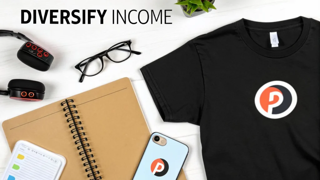 Flat lay with branded T-shirt, phone, notebook, and headphones labeled “Diversify Income,” illustrating multiple revenue streams.