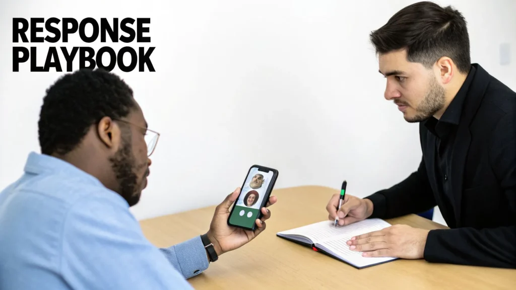 Two professionals reviewing a phone video call during a meeting with text “Response Playbook,” illustrating negotiation strategy discussion.