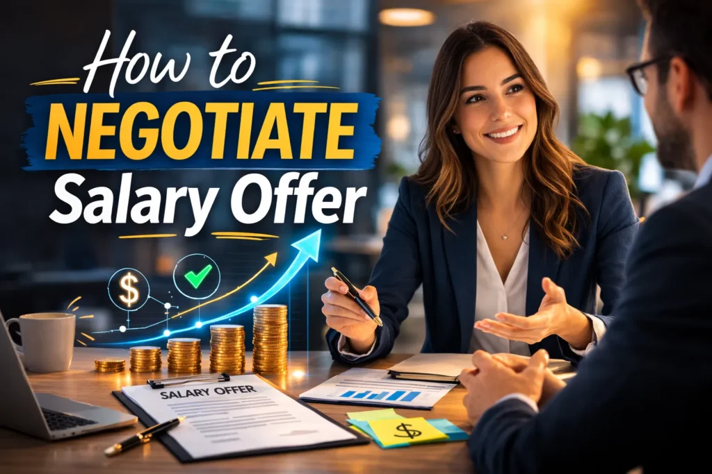 How to Negotiate Salary Offer: Get Paid What You're Worth Businesswoman negotiating salary with a man at office desk with charts and coins, thumbnail about how to negotiate a salary offer.