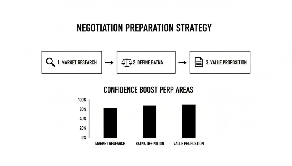 Diagram showing negotiation preparation steps: market research, define BATNA, and value proposition with confidence boost chart.