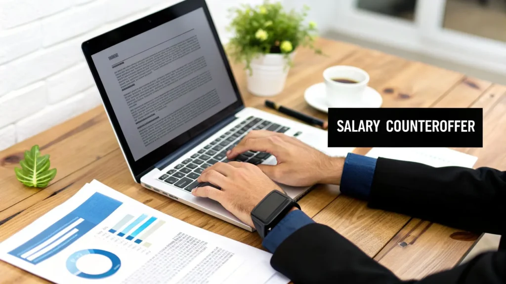 Professional typing salary counteroffer on laptop with charts and documents on desk, illustrating salary negotiation strategy.
