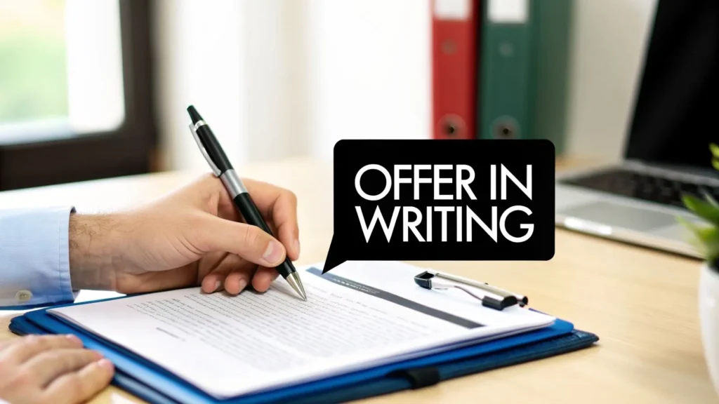 Hand signing a job offer document on clipboard with text “Offer in Writing,” illustrating salary negotiation and employment agreement.