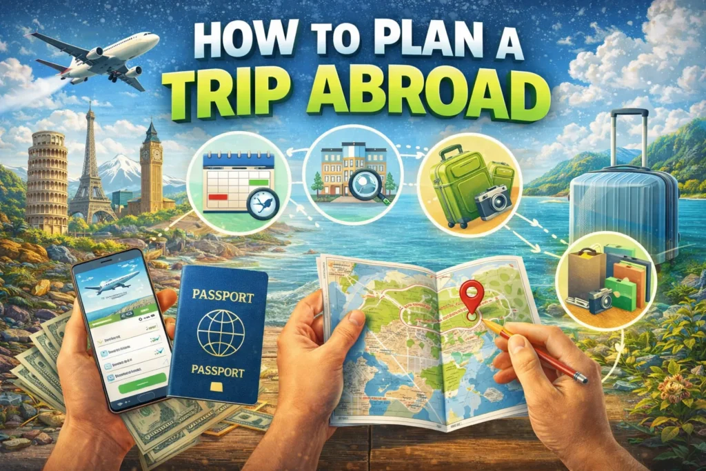 Travel planning thumbnail with passport, map, phone booking flights, luggage, and global landmarks for planning a trip abroad.