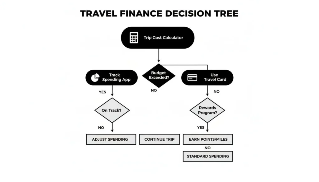Travel finance decision tree showing budget check, spending tracking, travel card use, and reward options.