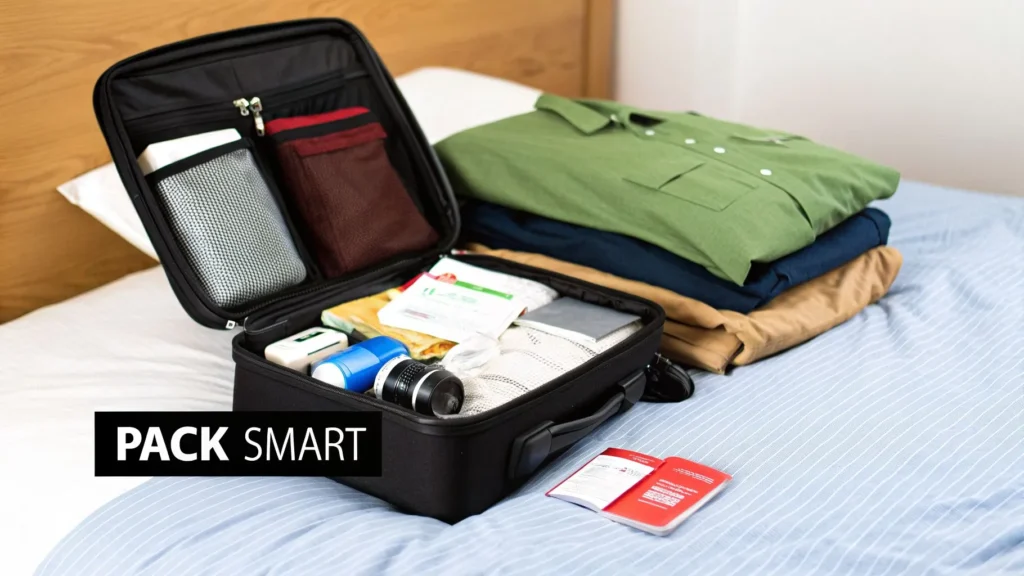 Open suitcase with neatly packed travel items and folded clothes on bed, text “Pack Smart”.