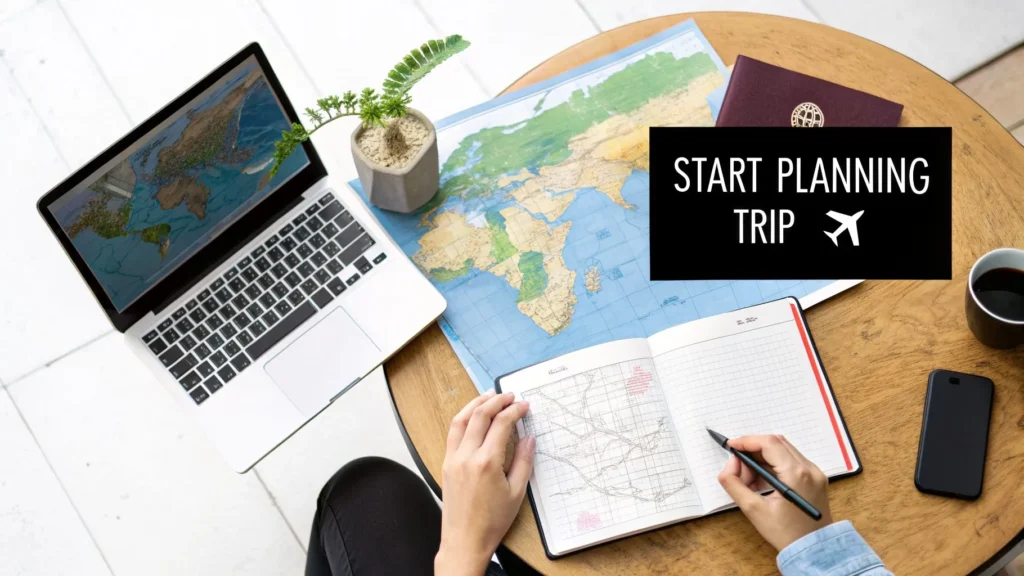 Person planning a trip with map, laptop, and notebook on table, text “Start Planning Trip” with airplane icon.