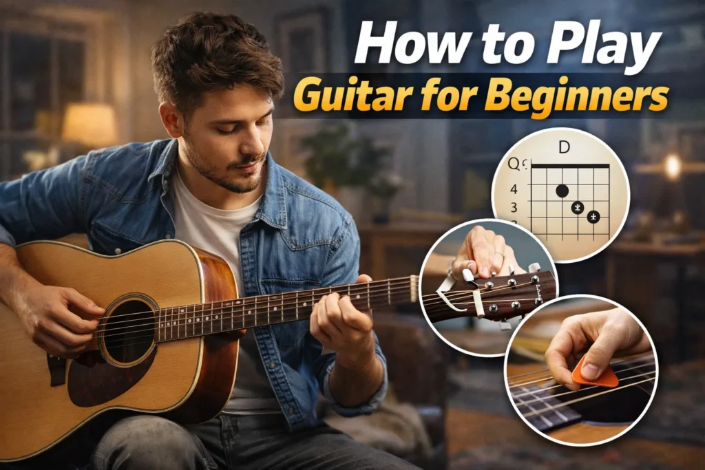 Man playing acoustic guitar with chord chart, tuning, and strumming visuals, thumbnail for beginner guitar lesson.