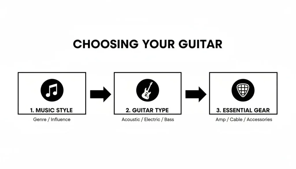 Infographic on choosing a guitar: music style, guitar type (acoustic/electric/bass), and essential gear.