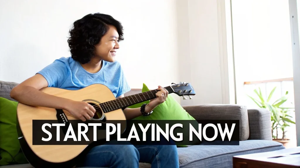 Smiling person playing acoustic guitar on sofa, text “Start Playing Now,” promoting beginner guitar practice at home.