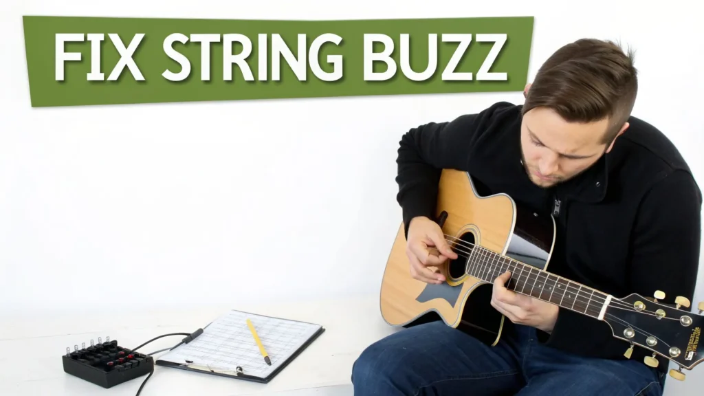 Man adjusting acoustic guitar strings to fix buzzing, with text “Fix String Buzz” and setup tools on table.