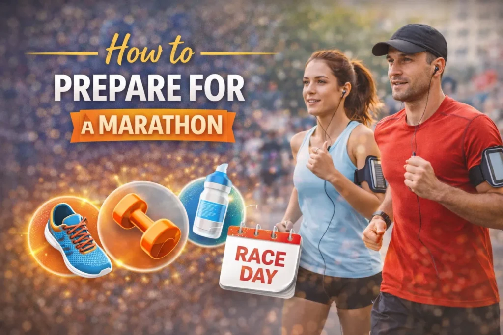 Man and woman jogging with icons of shoes, weights, and water bottle, thumbnail about how to prepare for a marathon.