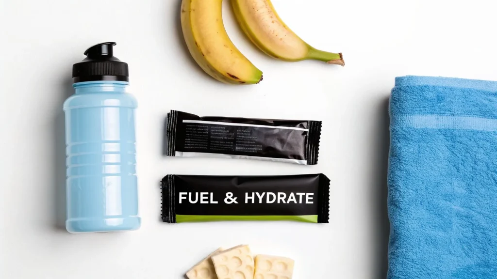 How to Prepare for a Marathon A Realistic Training Guide Fitness essentials flat lay: water bottle, bananas, energy bars labeled “Fuel & Hydrate,” cheese, and towel on white background.