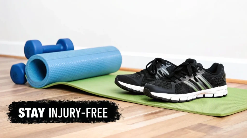 How to Prepare for a Marathon A Realistic Training Guide Workout gear with running shoes, yoga mat, foam roller, and dumbbells labeled “Stay Injury-Free” on wooden floor.