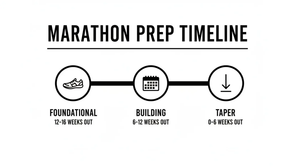 How to Prepare for a Marathon A Realistic Training Guide Marathon prep timeline: foundational (12–16 weeks), building (6–12 weeks), taper (0–6 weeks) with icons.