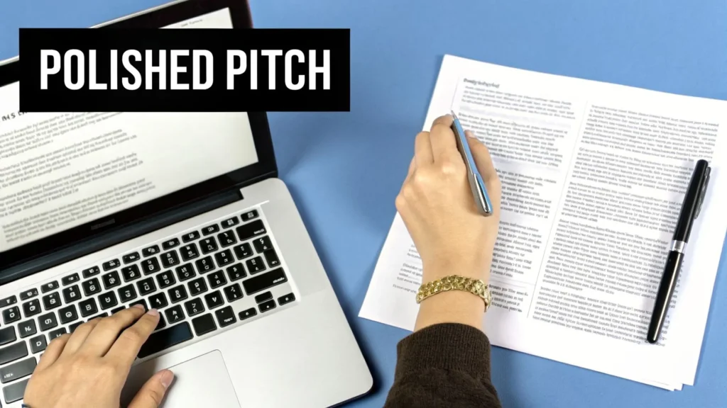 Person reviewing and editing a written article beside a laptop with text “Polished Pitch,” representing preparing a publishing pitch.