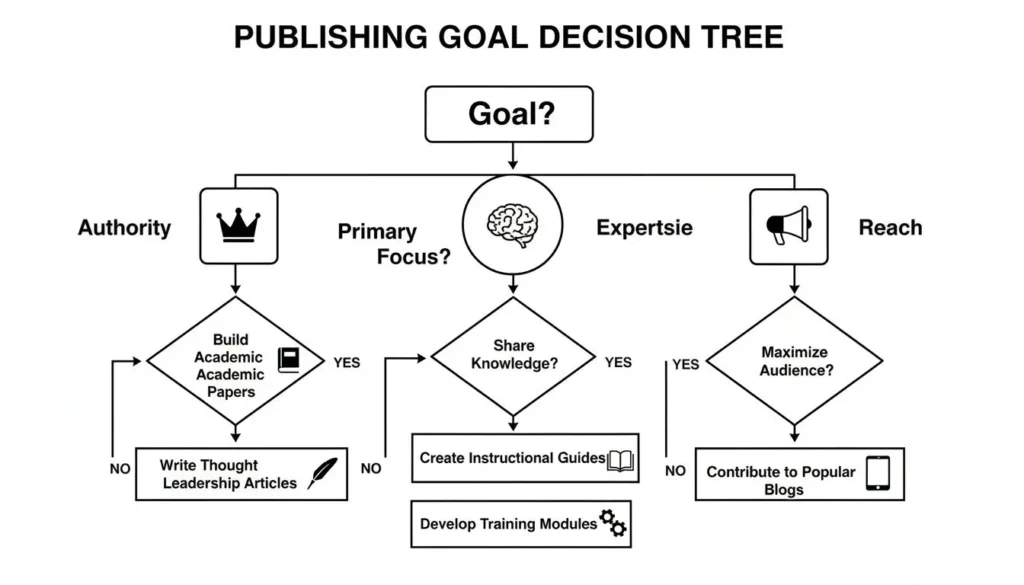 Publishing goal decision tree showing paths for authority, expertise, or reach with options like academic papers, guides, and blog contributions.