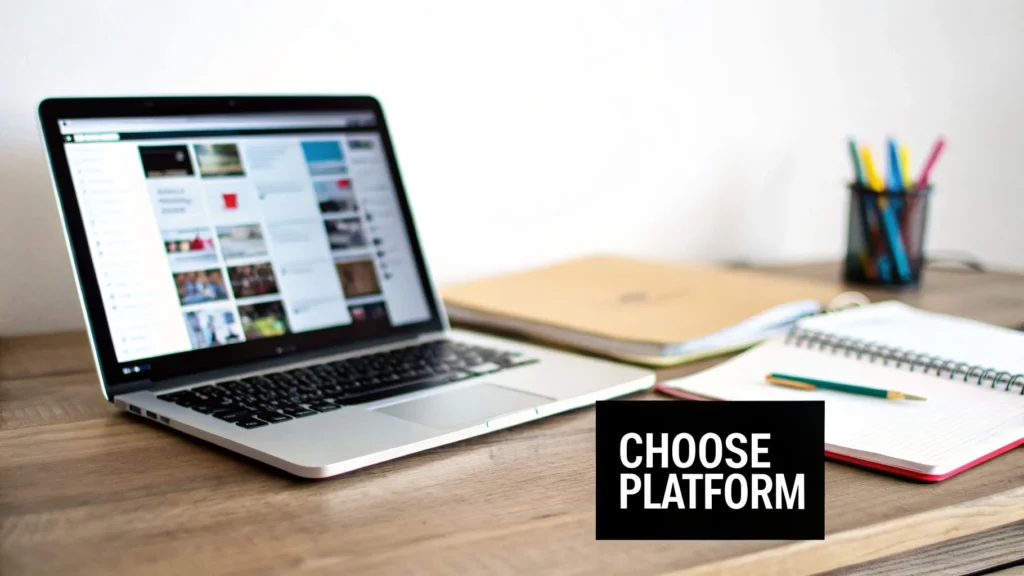 Laptop with publishing dashboard on desk beside notebook and pencils, illustrating choosing a platform to publish articles online.