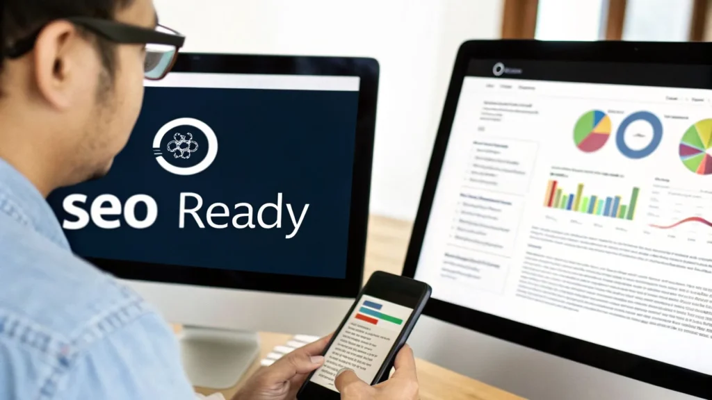 Person analyzing SEO analytics on dual monitors with “SEO Ready” screen and charts, checking website performance on a smartphone.