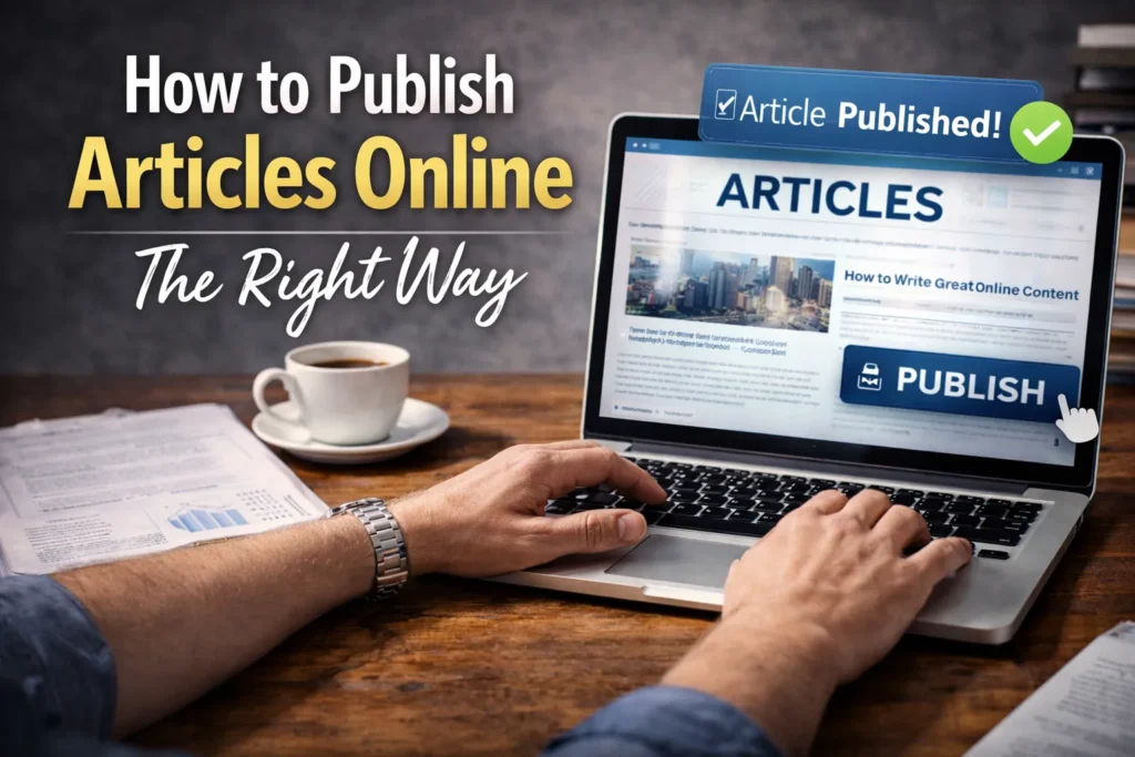Person typing on laptop publishing an article online, with “publish” button and “article published” notification on screen.
