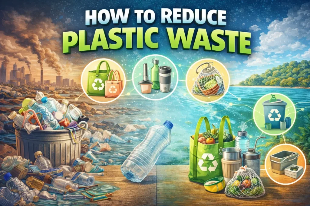 How to reduce plastic waste infographic showing polluted vs clean environment, recycling, reusable bags, and plastic bottle.