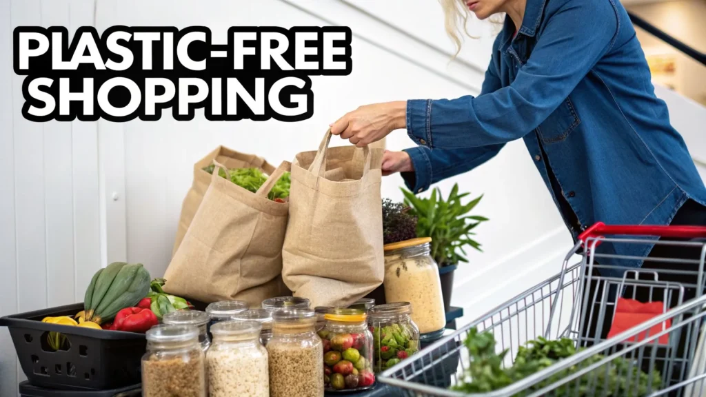 Woman shopping with reusable bags and jars, plastic-free groceries in cart labeled “Plastic-Free Shopping”.