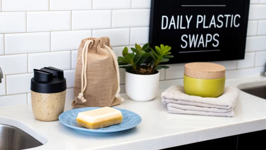 Eco-friendly kitchen items like reusable cup, cloth bag, soap, and container under sign “Daily Plastic Swaps”.