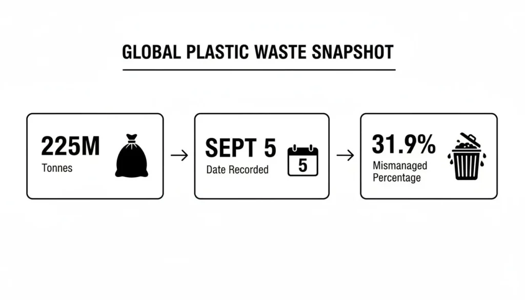 Infographic showing global plastic waste: 225M tonnes, Sept 5 record date, and 31.9% mismanaged waste rate.