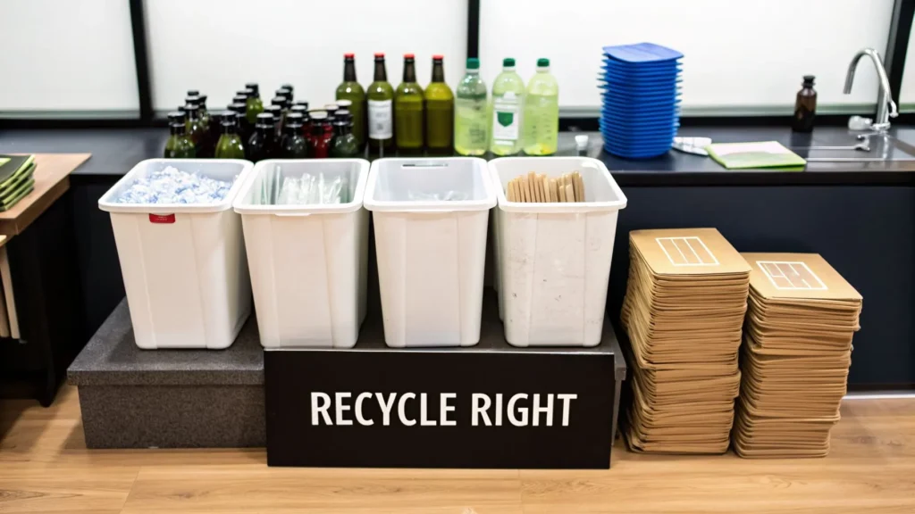 Recycling station with sorted bins, bottles, and compostable containers labeled “Recycle Right”.