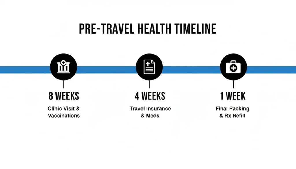 How to Stay Healthy While Traveling Your Ultimate Guide Pre-travel health timeline: 8 weeks clinic visit, 4 weeks insurance and meds, 1 week packing and prescriptions.