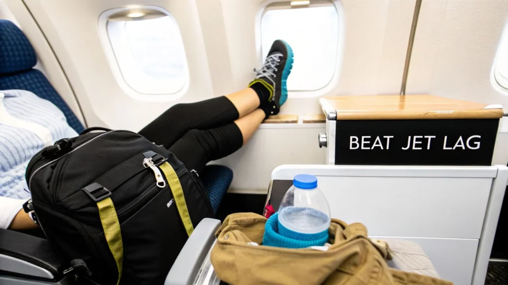 How to Stay Healthy While Traveling Your Ultimate Guide Airplane passenger relaxing with feet up, water bottle and bag visible, with text “Beat Jet Lag” on tray table.