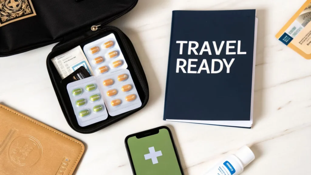 How to Stay Healthy While Traveling Your Ultimate Guide Travel health kit with medications, passport, sanitizer, and phone, next to notebook labeled “Travel Ready”.