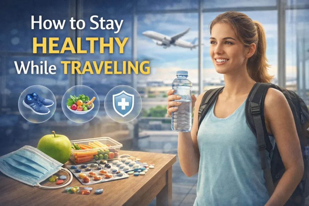 Traveler holding water bottle at airport with healthy snacks, pills, and icons for fitness, nutrition, and wellness tips.