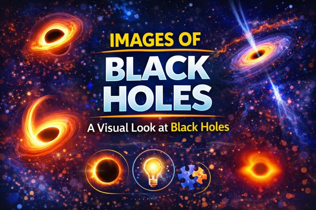 Black holes in space with glowing accretion disks and cosmic background illustrating a visual look at black hole images and astronomy.