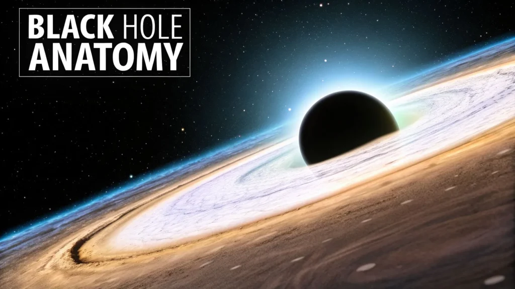 Illustration of black hole anatomy with glowing accretion disk and event horizon in space labeled “Black Hole Anatomy”.