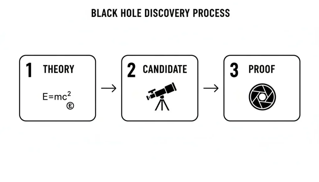 Diagram of black hole discovery process: theory (E=mc²), candidate observation with telescope, and proof via imaging.