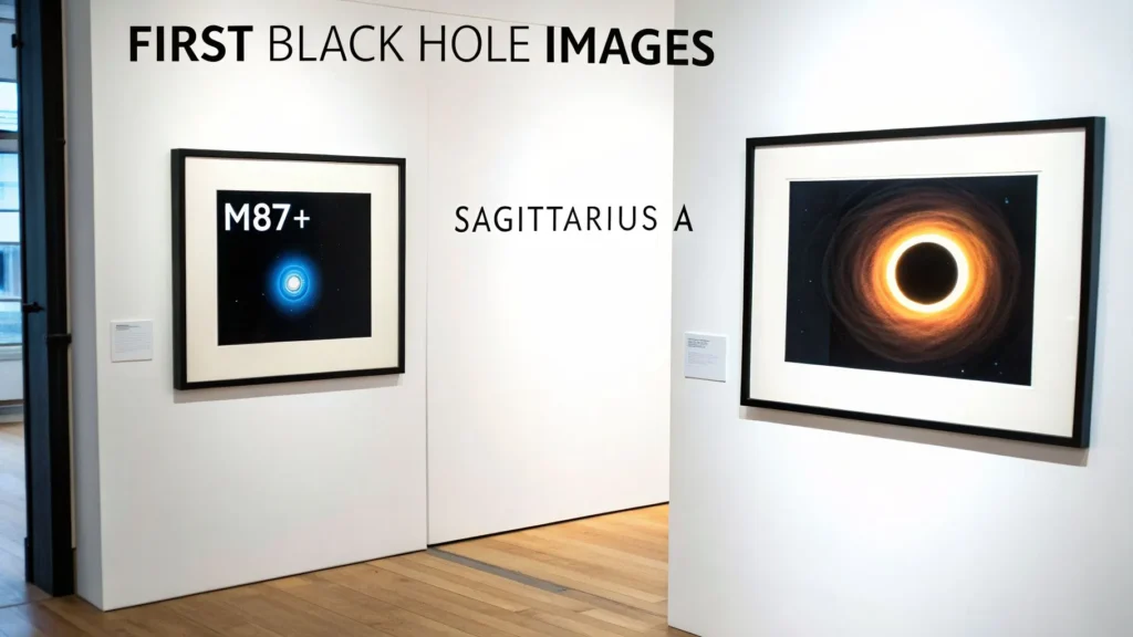 Gallery display of first black hole images, M87+ and Sagittarius A, shown in framed prints on white walls.