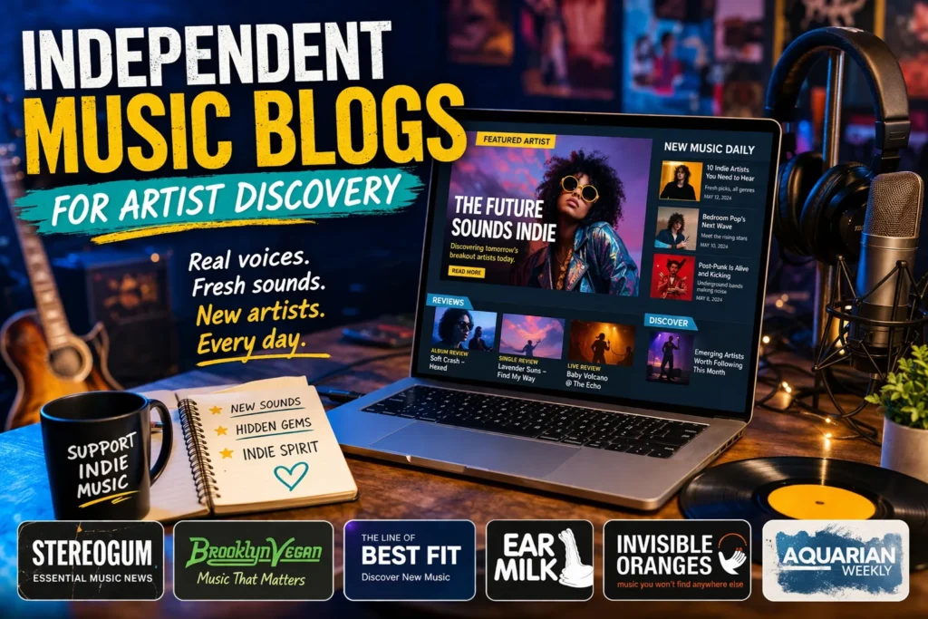 Independent music blogs thumbnail with laptop, guitar, singer, and icons for reviews, interviews, new music, and artist discovery.