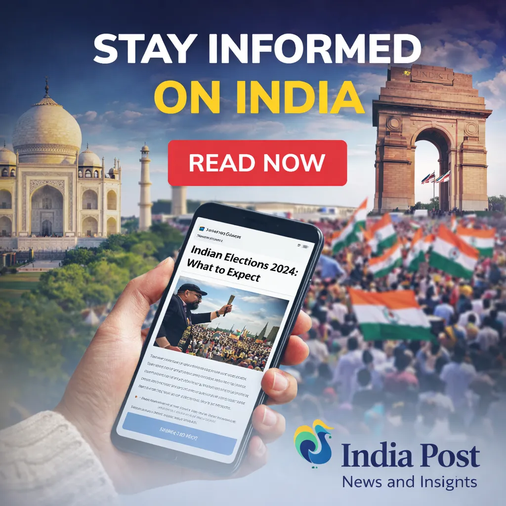 Ad banner showing Taj Mahal and India Gate with crowd, smartphone displaying news, “Stay Informed on India” text, and “Read Now” button.