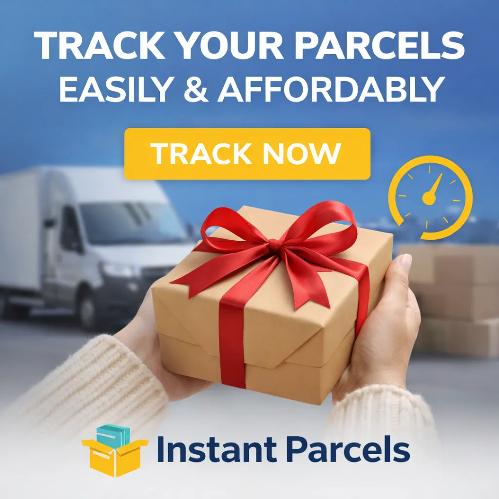 Ad banner showing parcel tracking service with gift box, delivery van, “Track Your Parcels Easily” text, and “Track Now” button.