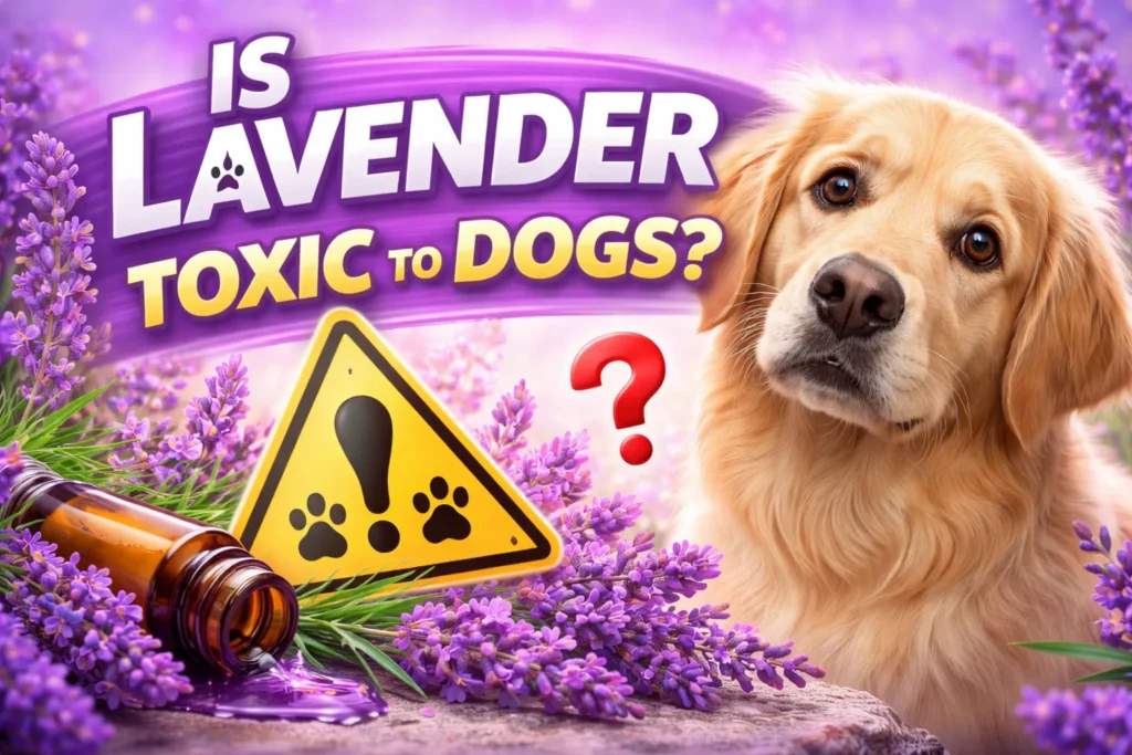 Golden retriever near lavender flowers and oil bottle with warning sign and text “Is Lavender Toxic to Dogs?”