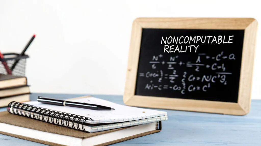 Chalkboard with “Noncomputable Reality” and equations on desk with notebooks, illustrating limits of computation in universe theory.