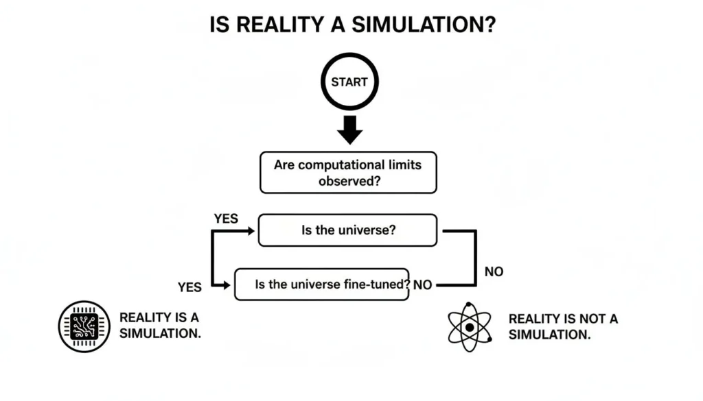 Flowchart exploring simulation hypothesis asking if reality is a simulation based on computational limits and universe fine-tuning.